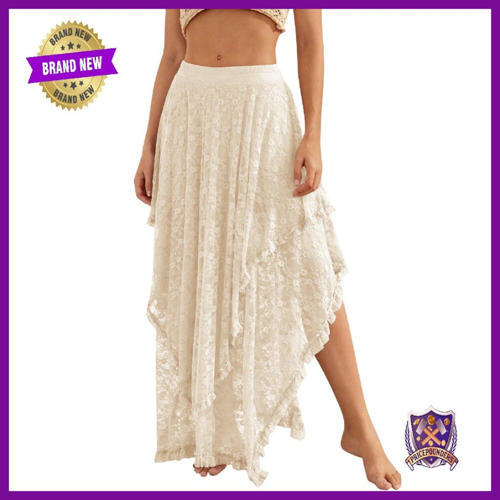 Lace Maxi Skirt With Elastic Waist, Asymmetrical Hem, Built-In Shorts